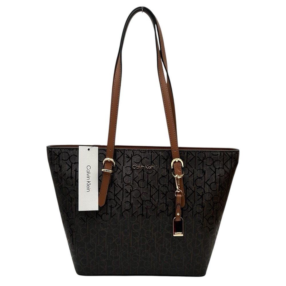 Calvin Klein Serafina Signature Tote Handbag Brown Jacquard Print 15.5x10.5x4.5"